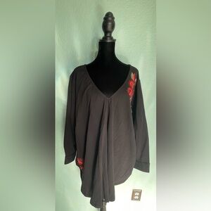 eShakti Black Blouse with Red Floral Embellishment